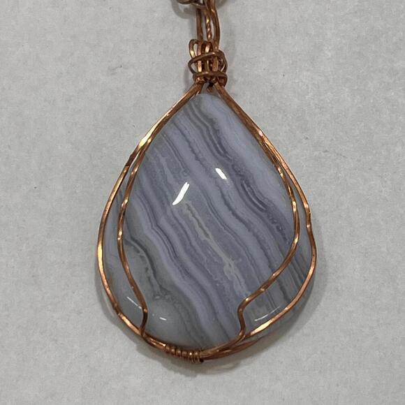 Handmade Blue Lace Agate Necklace in Copper Wire Wrapped Oval Cabochon Pendant - Picture 1 of 3